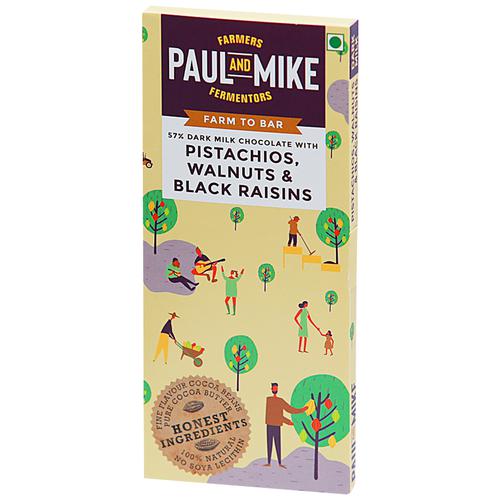 Paul and Mike 57% Dark Milk Chocolate With Pista Walnut Raisin, 68 g